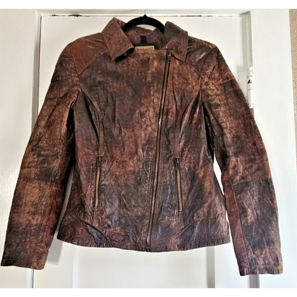 black rivet distressed brown leather saymmetrical moto jacket zip womans M